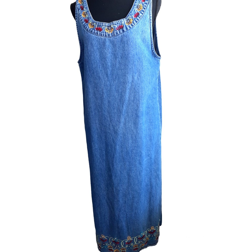 Woman Sz L, Large Denim Blue Jeans Dress Sleeveless Floral Neck and Hem Pullover